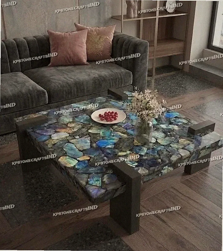 24" Handmade Labradorite Gemstone Coffee Table, Square Blue Flash Stone Luxury