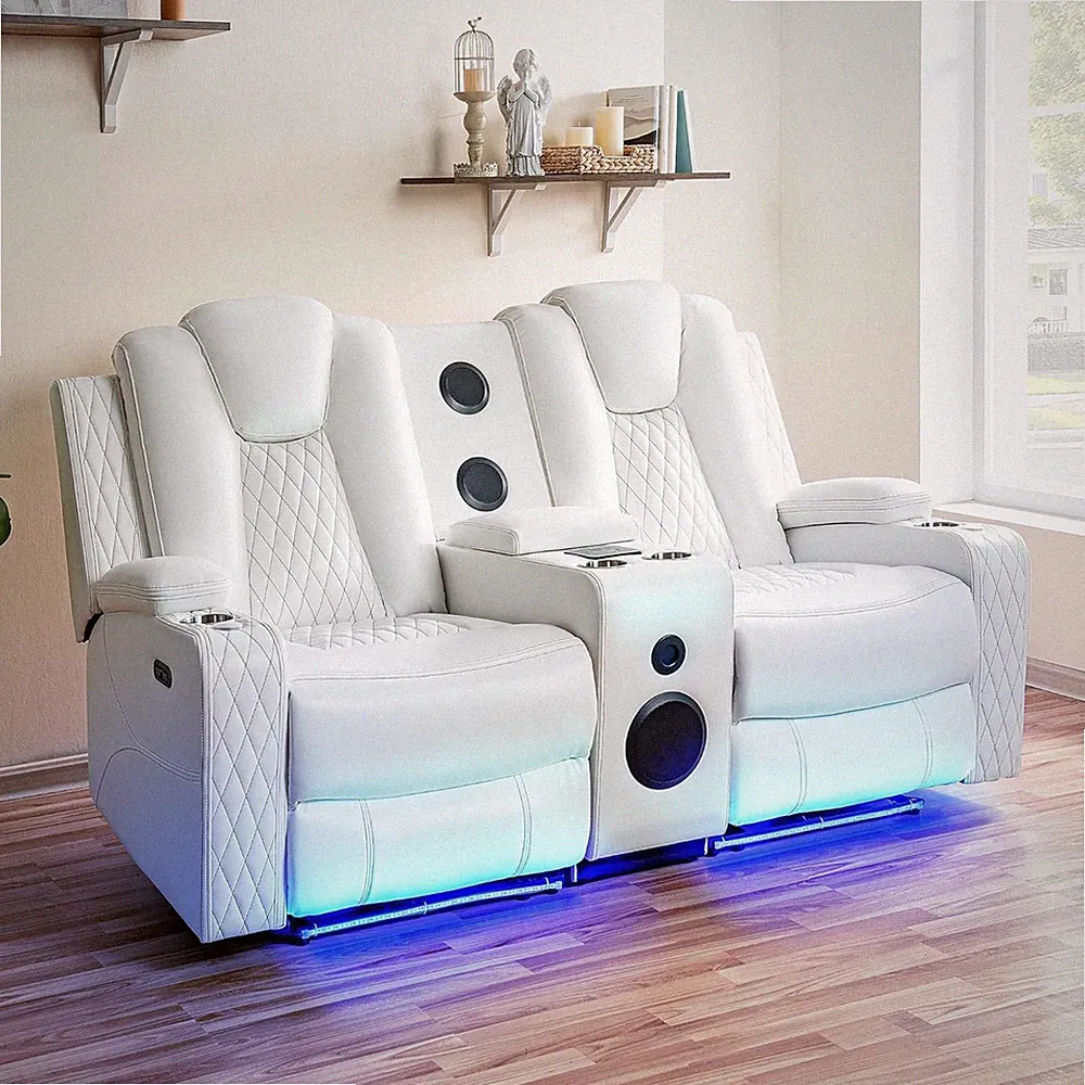 White Chicago Loveseat Recliner with Bluetooth, LED Lights & Cup Holders